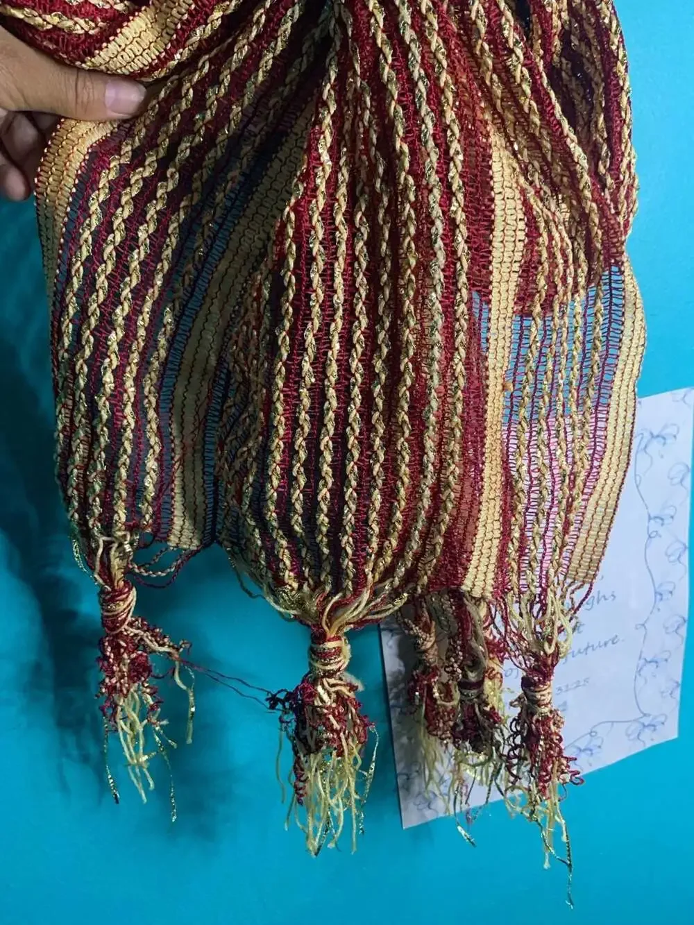 Burgundy and Gold Metallic Stripe Fringe Scarf